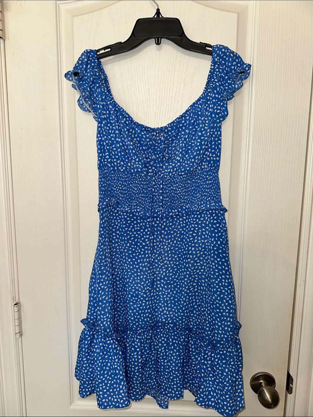 Blue Printed Midi Dress with Ruffle Straps